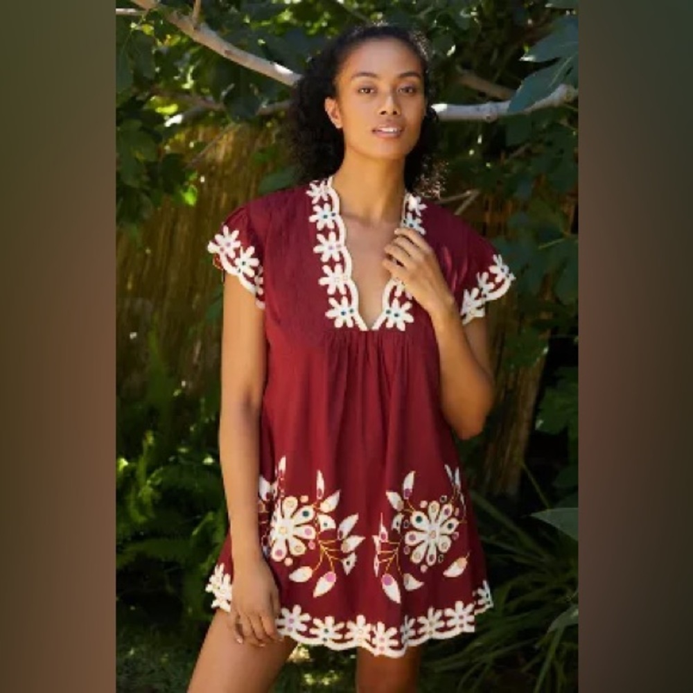 cottagecore Anthropologie Floral Embroidered Mini Sundress Beach coverup Dress